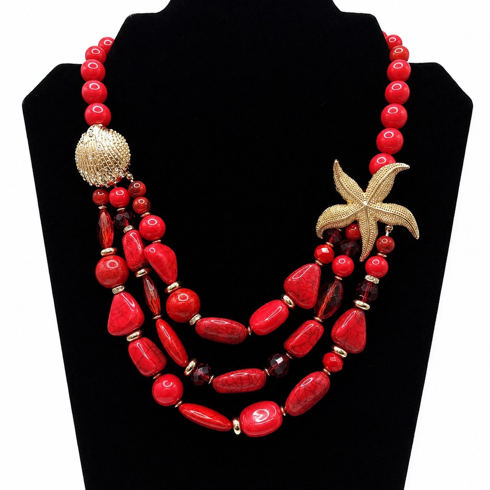 Talbots Red Multi Strand Bead Necklace Gold Starfish Seashell Statement 18"